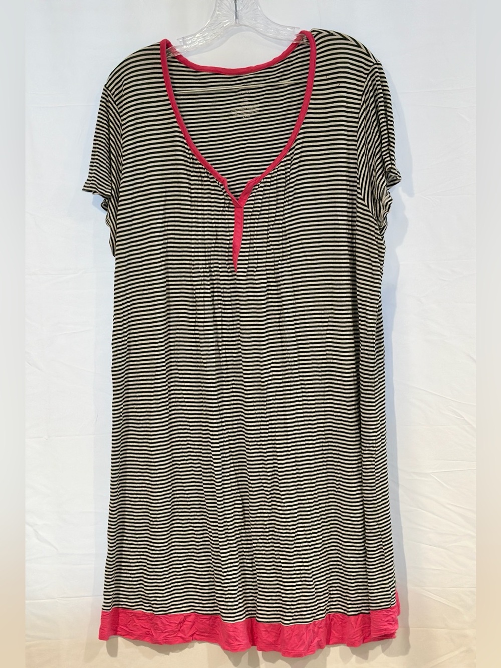 Striped Short-Sleeve House Dress with Pink Trim